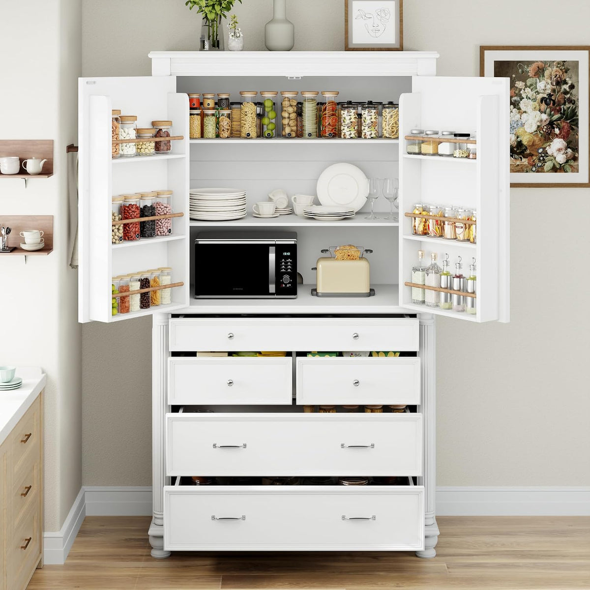 Freestanding 77.3" Tall Storage Cabinet, Wooden Pantry，White | Retro Large Kitchen Pantry, 2 Adjustable Shelves, 5 Drawers, 6 Door Shelves