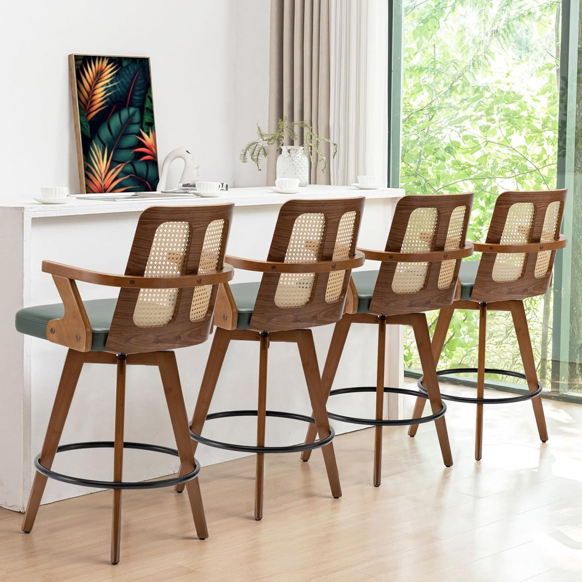 Swivel Counter Stools with Arms, Kitchen Island Stools with Rattan Back | Walnut Bentwood Frame, Curved Arms, Upholstered Seat, Adjustable Bamboo Legs, Counter Top Stools for Island, Pub, Kitchen