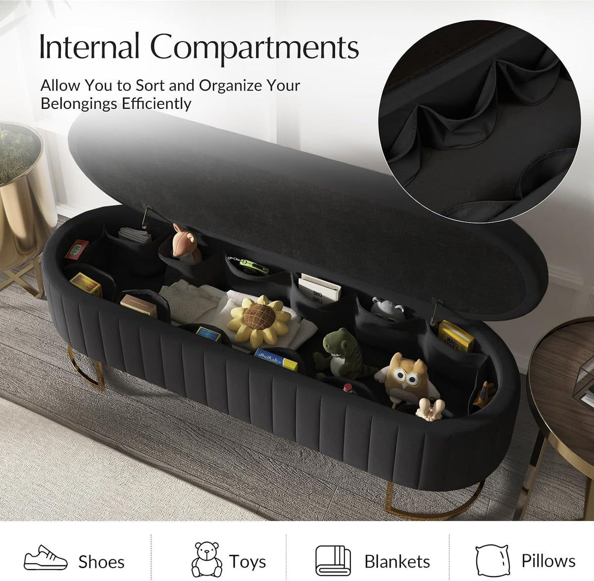 55.5" Velvet Upholstered Storage Bench with Channel Tufted Seat and Metal Legs, Multi-Functional Ottoman with Interior Organizer Pockets for Bedroom and Entryway, Flipping Lid Large Window Bench