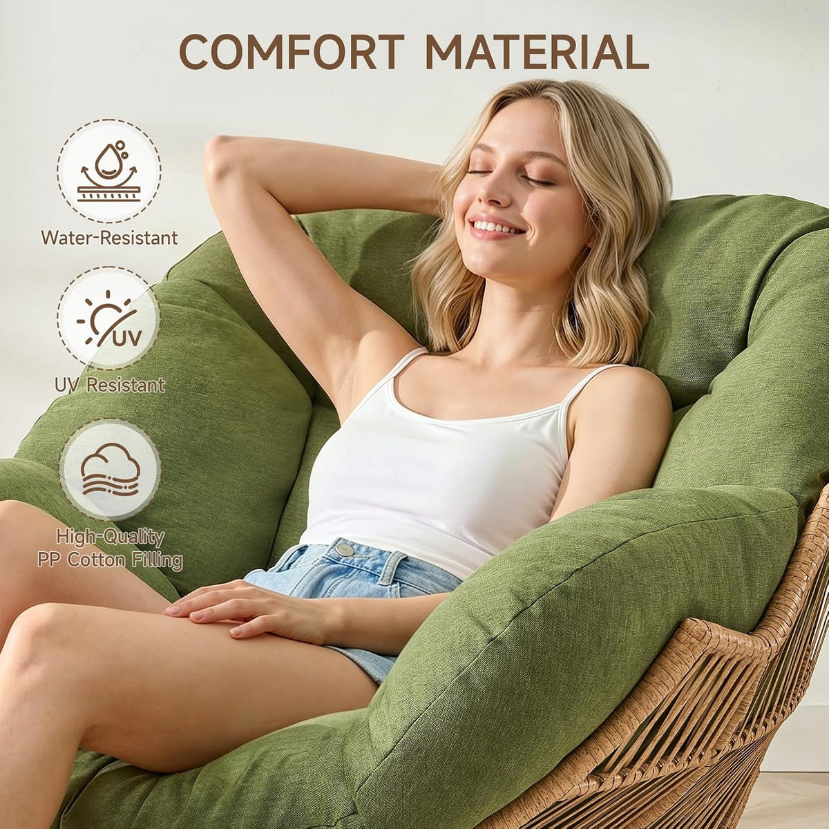 Papasan Rocking Chair with Ottoman, Oversized Papasan Chair, Olive Green | Indoor & Outdoor Rocker Chair with Padded Cushion for Living Room, Patio, Garden