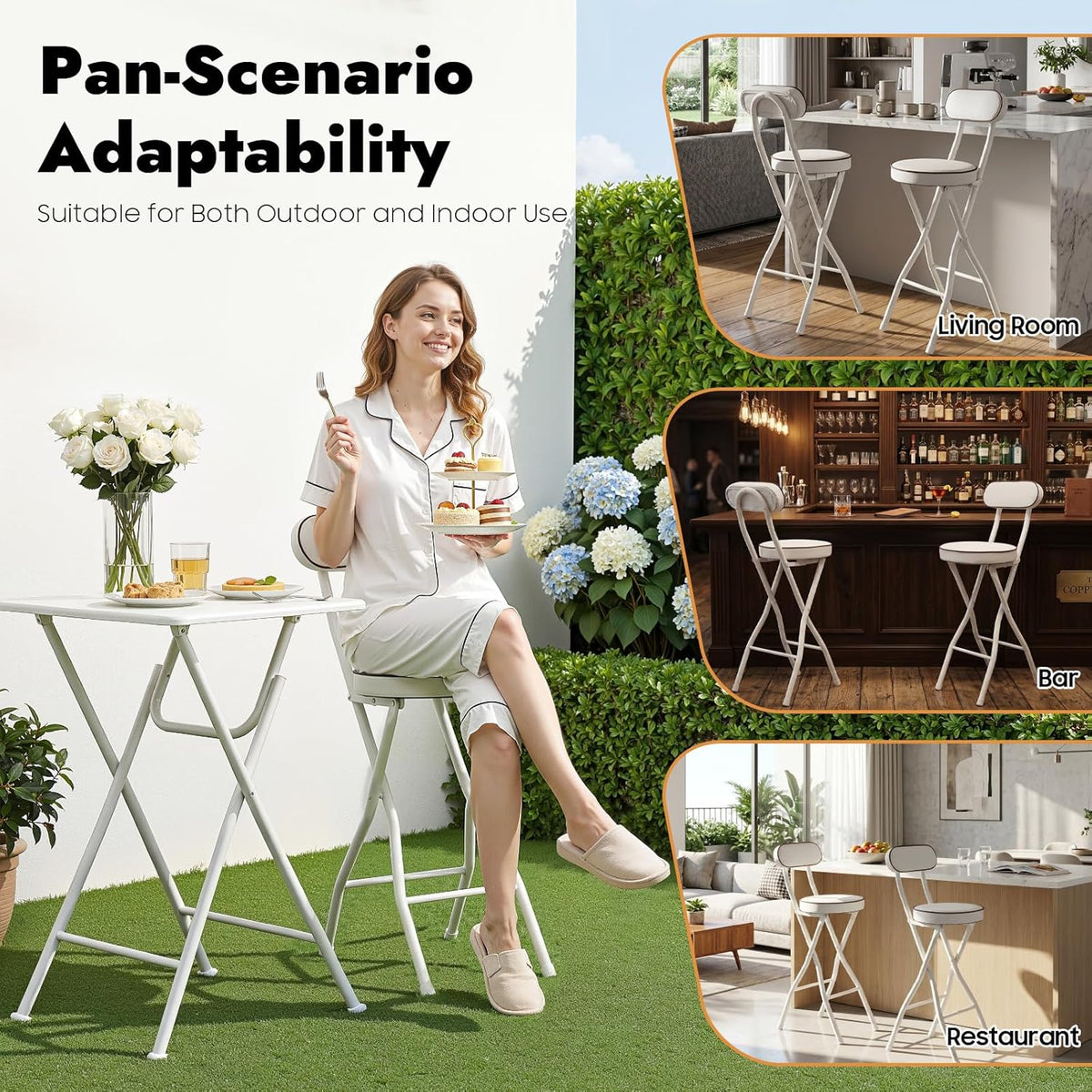 YIYIBYUS 2 Pcs Folding Bar Stools with Back, 25.6 Inch Height Portable High Chair, Foldable Stool Chair for Outdoor Indoor Kitchen Shop Cafe (White)