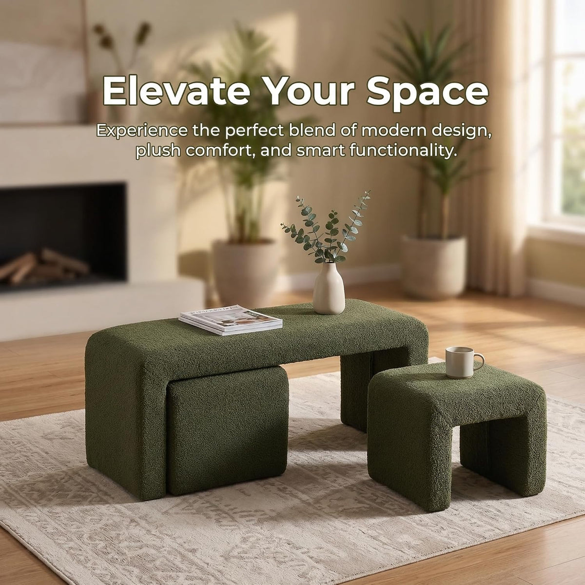 ROCITY Green Boucle Bedroom Bench Small Upholstered Entryway Bench Modern Sherpa Footstool Sofa Footrest Extra Seating for Living Room, End of Bed, Set of 3 Bench, 20+50 Inch Bench