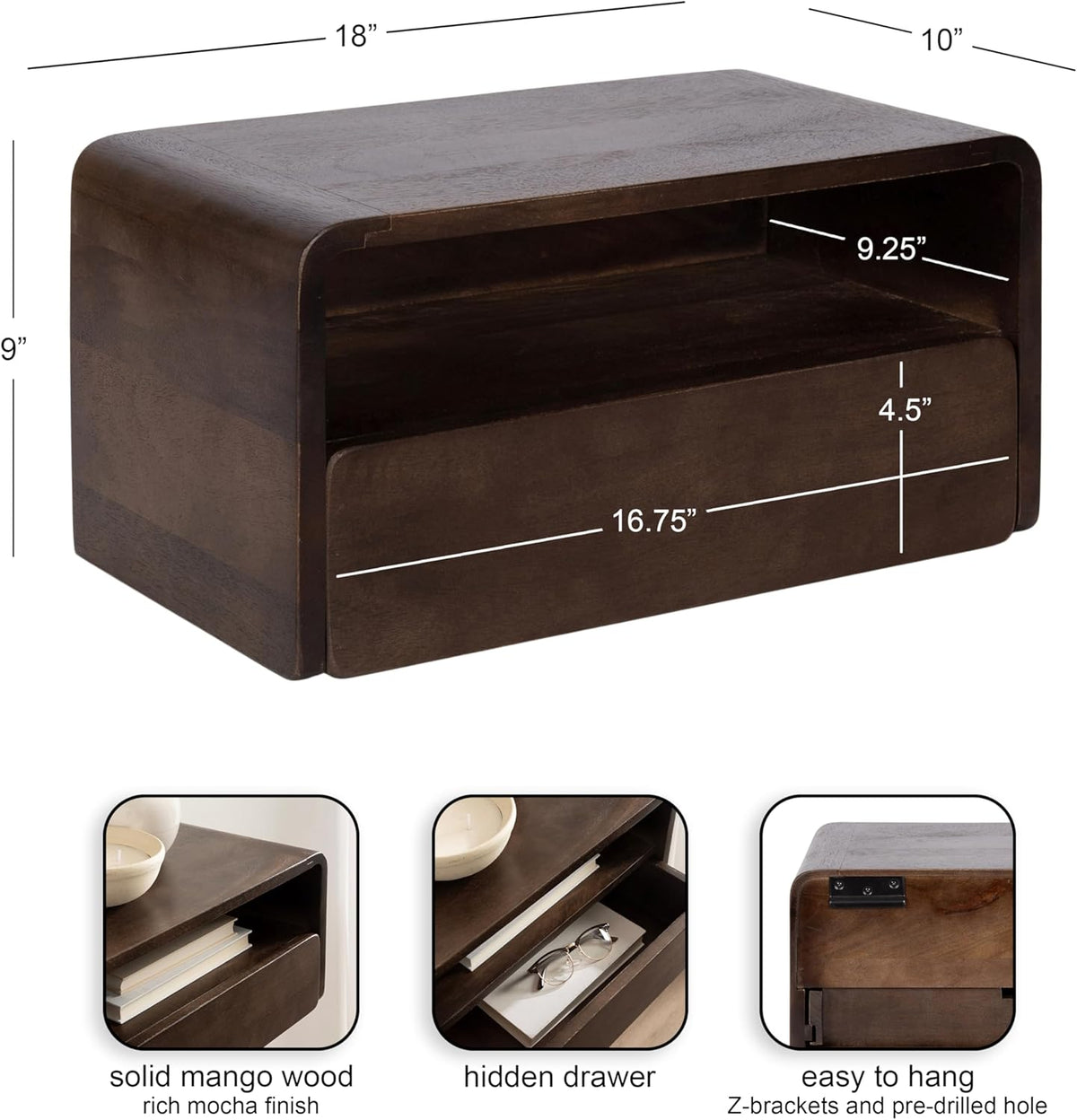 Kate and Laurel Kato Modern Mango Wood Floating Side Table with Drawer, 18 x 10 x 9, Dark Brown, Contemporary Wooden Floating Nightstand for Bedroom Bedside Table or Living Room Wall Storage