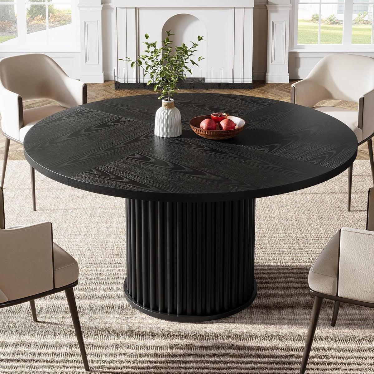 Tribesigns 47.24" Black Round Dining Table for 4-6 People | Modern Fluted MDF + Metal Base Kitchen Table, Sturdy Circle Dining Room Furniture, Easy Assembly, Black