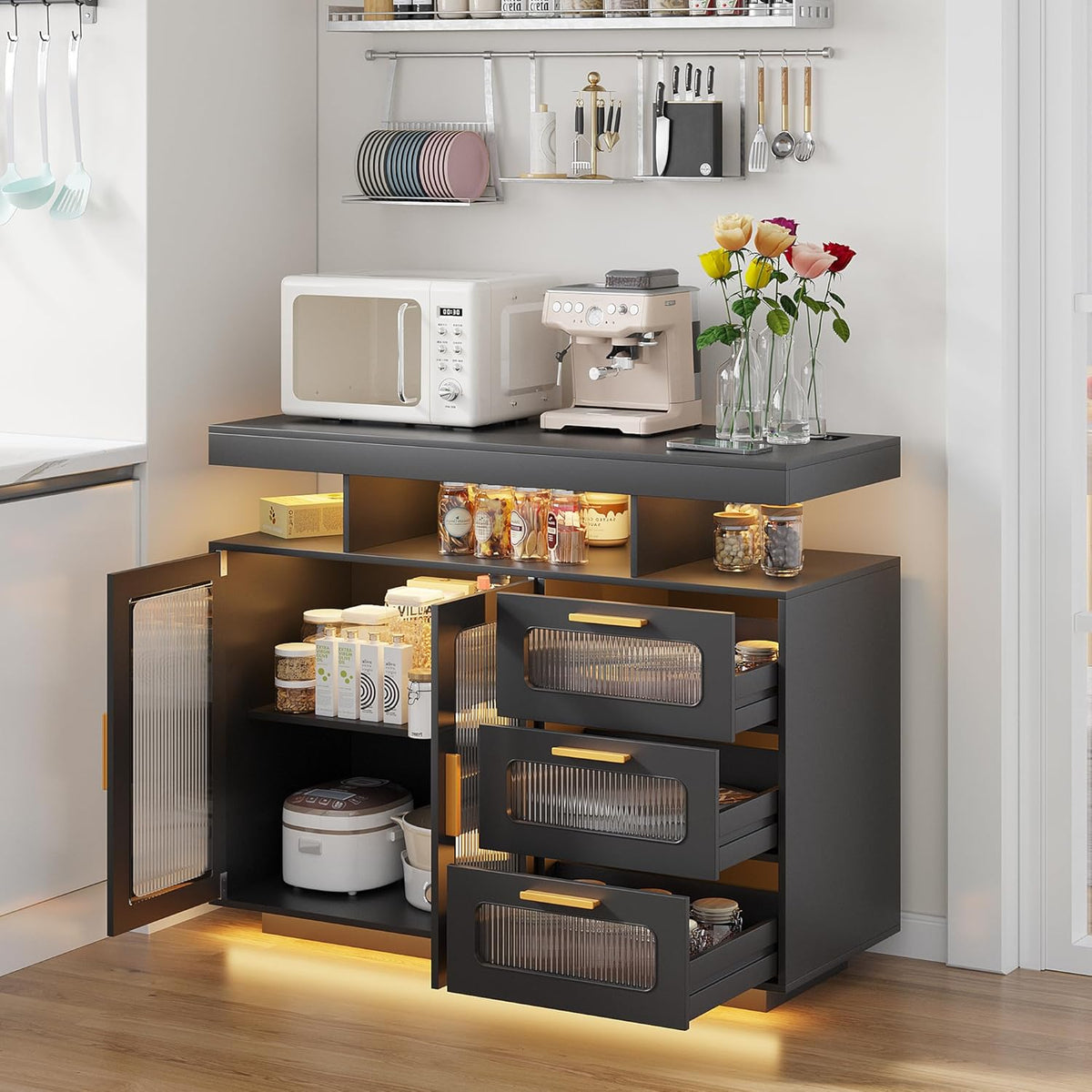 HWB Coffee Bar Cabinet with Storage, Buffet Sideboard with RGB Light, Modern Coffee Bar Table with Charging Station, Black