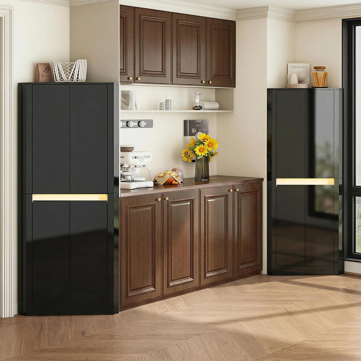 Anbuy 67'' Tall Pantry Cabinet with Led Light, Corner Pantry Cabinet with 4 High Gloss Doors and Adjustable Shelves, Space Saving Storage Cabinet for Food Hutch for Kitchen, Living Dining Room(Black)