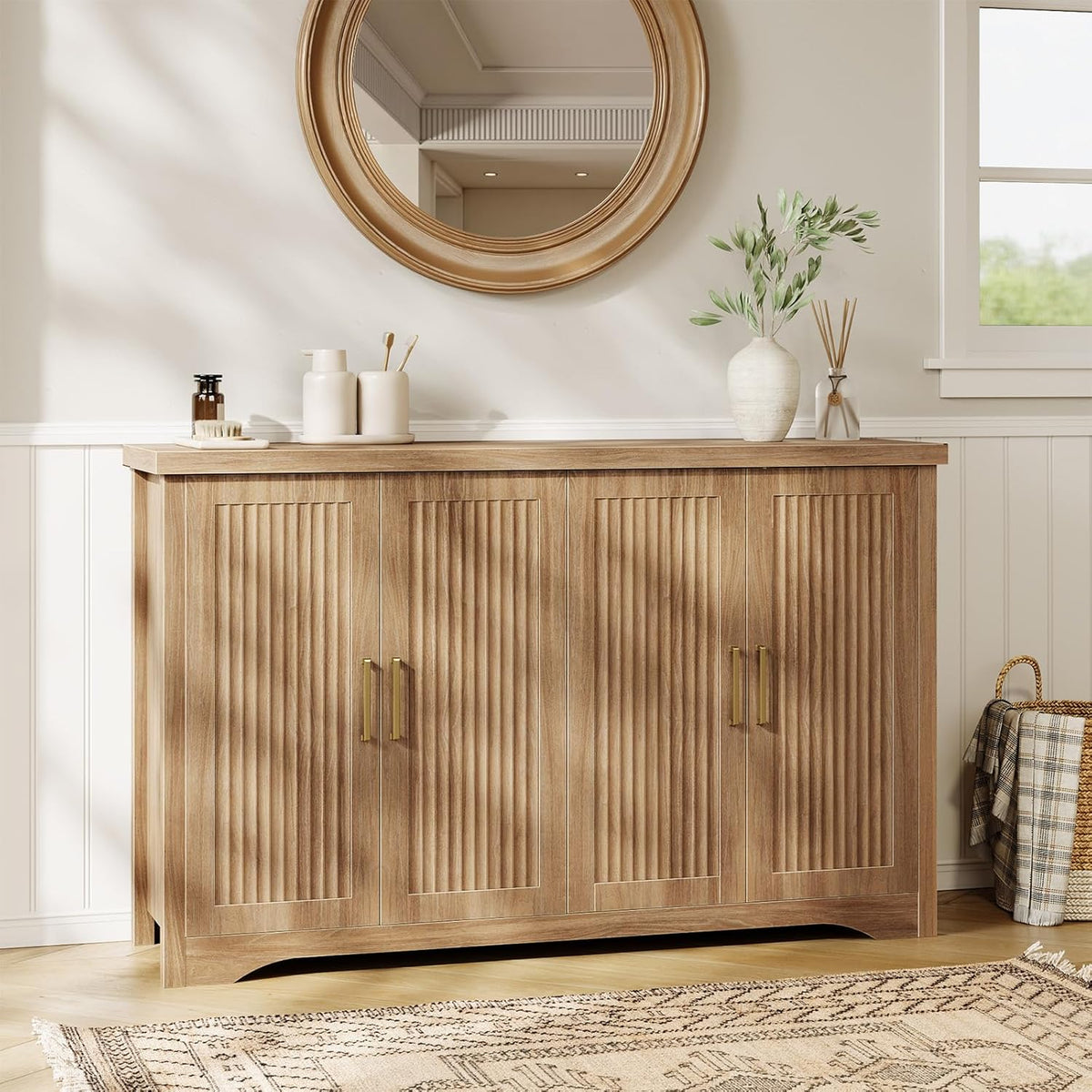Memobarco Fluted Buffet Cabinet with Storage Accent Sideboard,Modern Credenza with 4 Doors & Adjustable Shelves,Wood Coffee Bar Table Console for Dining Room Kitchen Living Room Entryway,Natural Oak