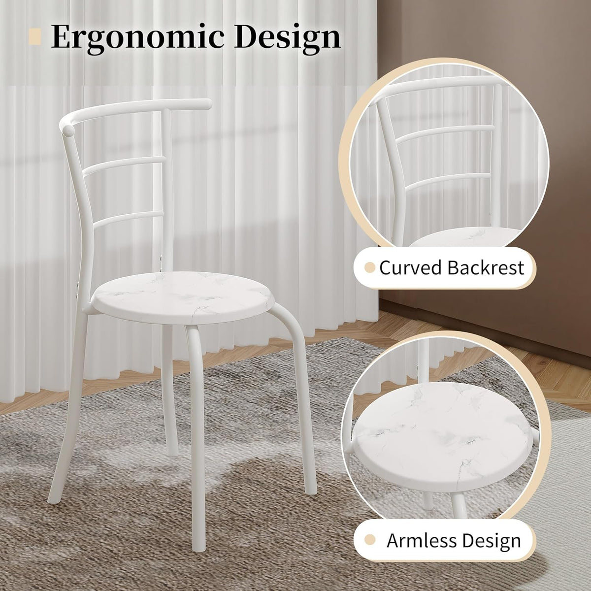 VECELO 3-Piece Dining Table Set for Kitchen Breakfast Nook, Faux Marbled Oval Tabletop and Metal Frame with Built-in Wine Rack, for Small Spaces, White