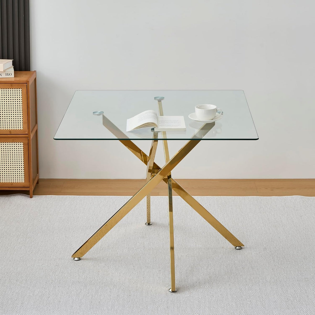 Square Glass Dining Table,Glass Dining Room Table with Metal Legs, Modern Glass Kitchen Table for Home, Kitchen, Dining Room
