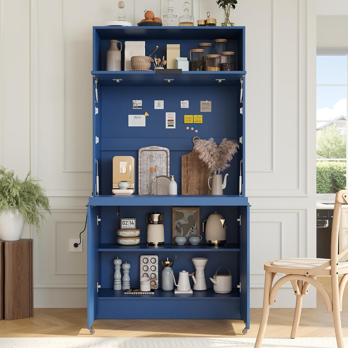 Compact Kitchen Pantry,69''H Buffet with Hutch and Foldable Workstation,Storage Cupboard with Adjustable Shelf and Power Outlet for Dining, Living Room (Dark Blue-f)
