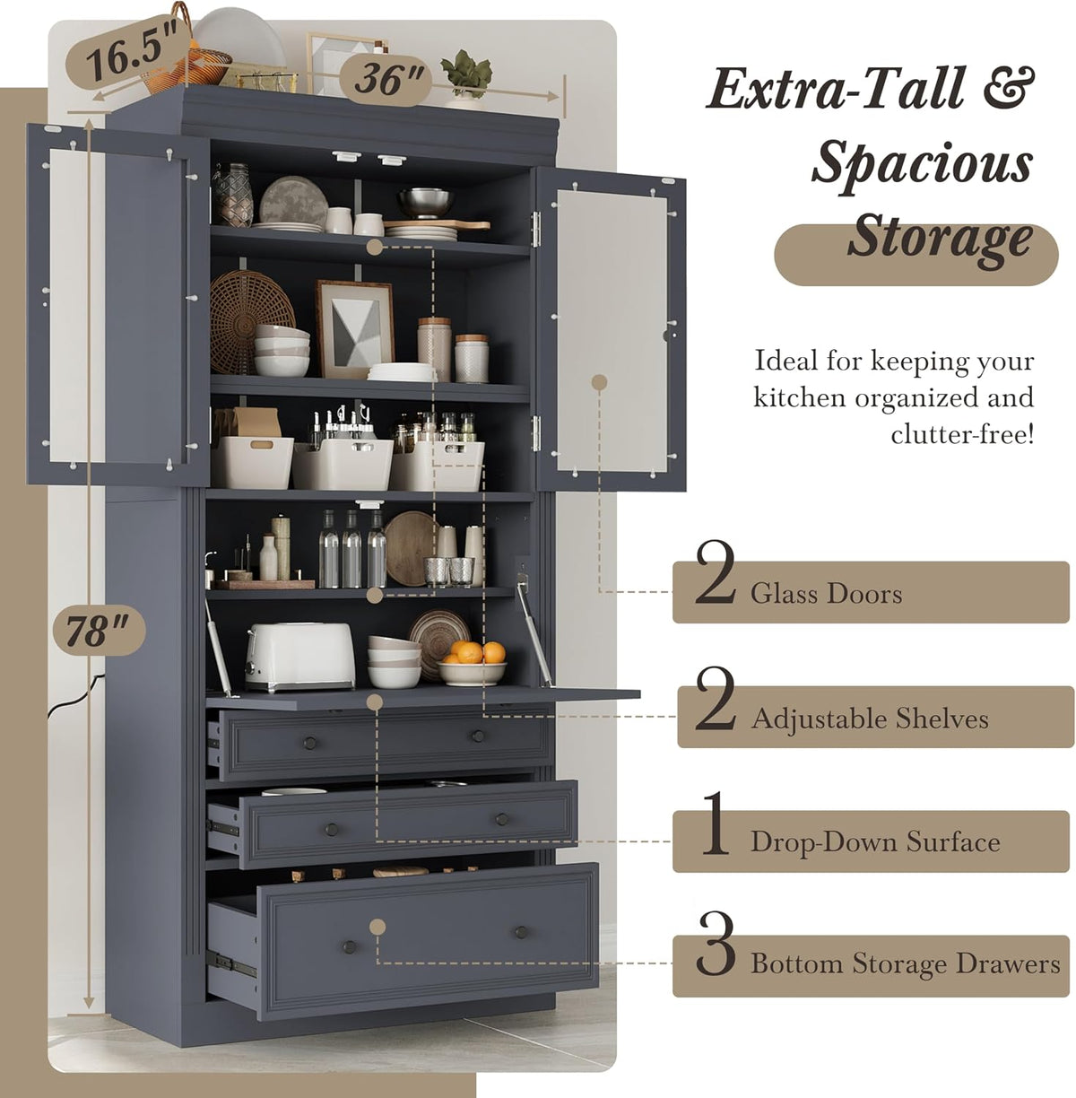 78" Tall Kitchen Pantry Cabinet with 3 Drawers, Large Wooden Kitchen Organizers Storage Cabinet Cupboard with Power Outlet and Adjustable Shelves for Dining Room, Living Room, Grey
