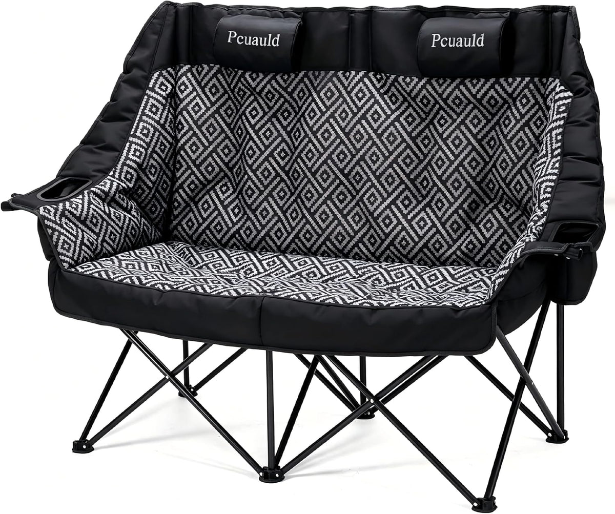 High Back Double Camping Chair Padded Folding Loveseat with Adjustable Pillows Heavy Duty 2 Person Camping Lawn Chairs for Adults with Cup Holders & Wine Racks for Outdoor Sports Beach Fishing
