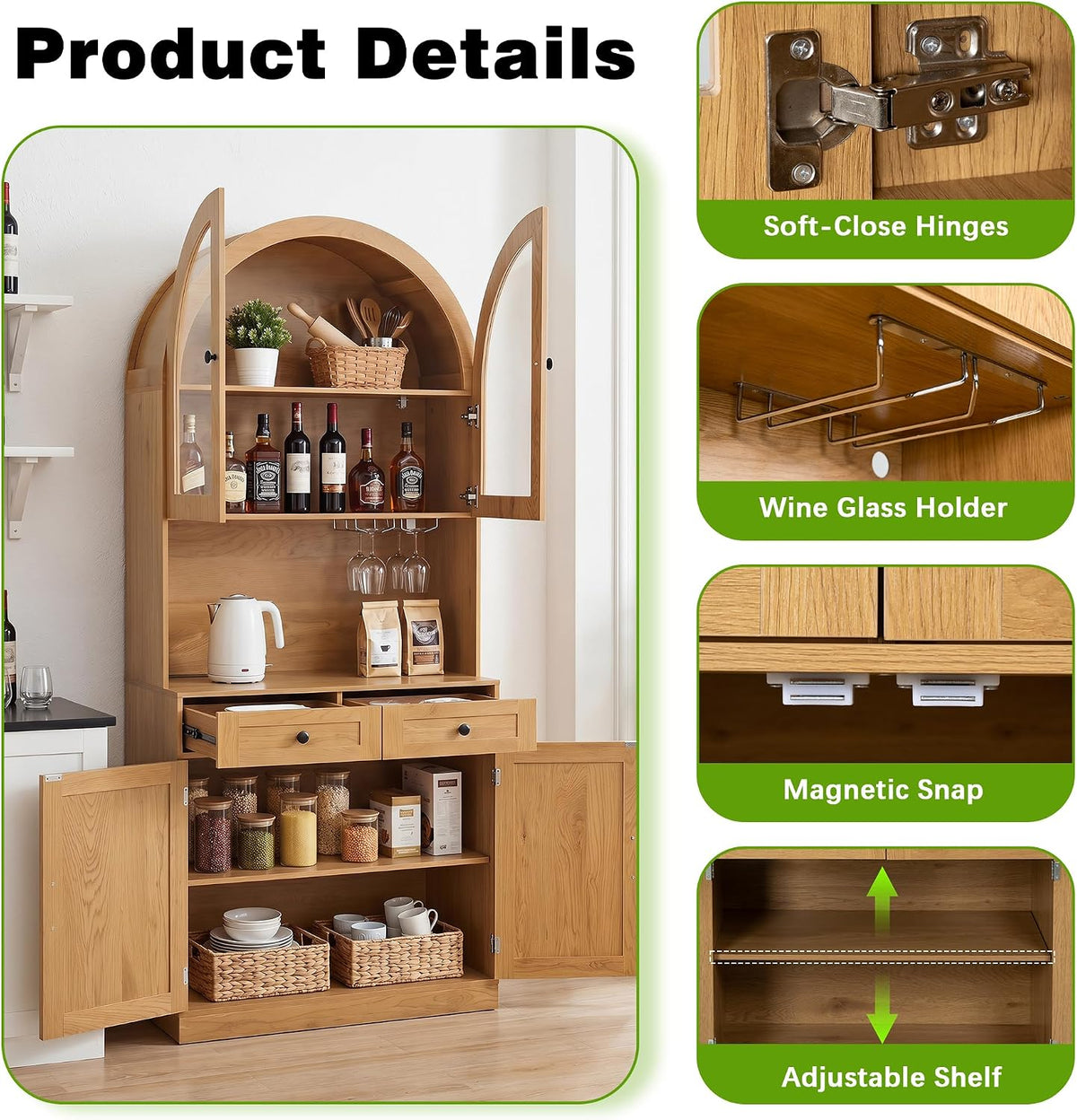 Farmhouse Pantry Cabinet w/Charging Station, Oak | Adjustable Shelves & Open Countertop, Cup Holder & 2 Drawers 75" Tall Arched Coffee Bar for Kitchen Dining Room Living Room