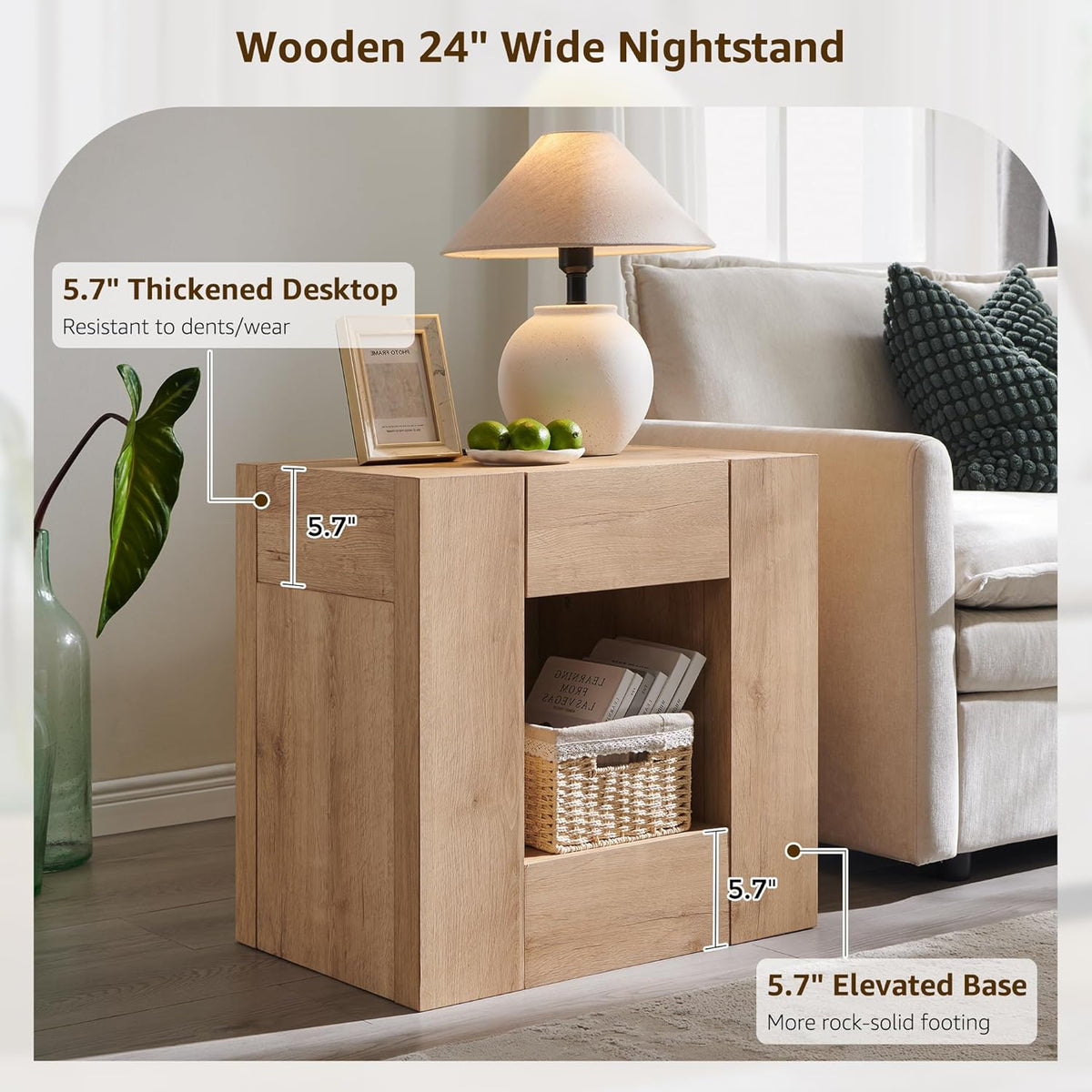 OKD 24'' Modern Nightstands Set of 2, Large End Table with Charging Station & Drawer Storage, Rustic Bedside Table for Bedroom, Living Room, Wood Thick Design, Natural Oak