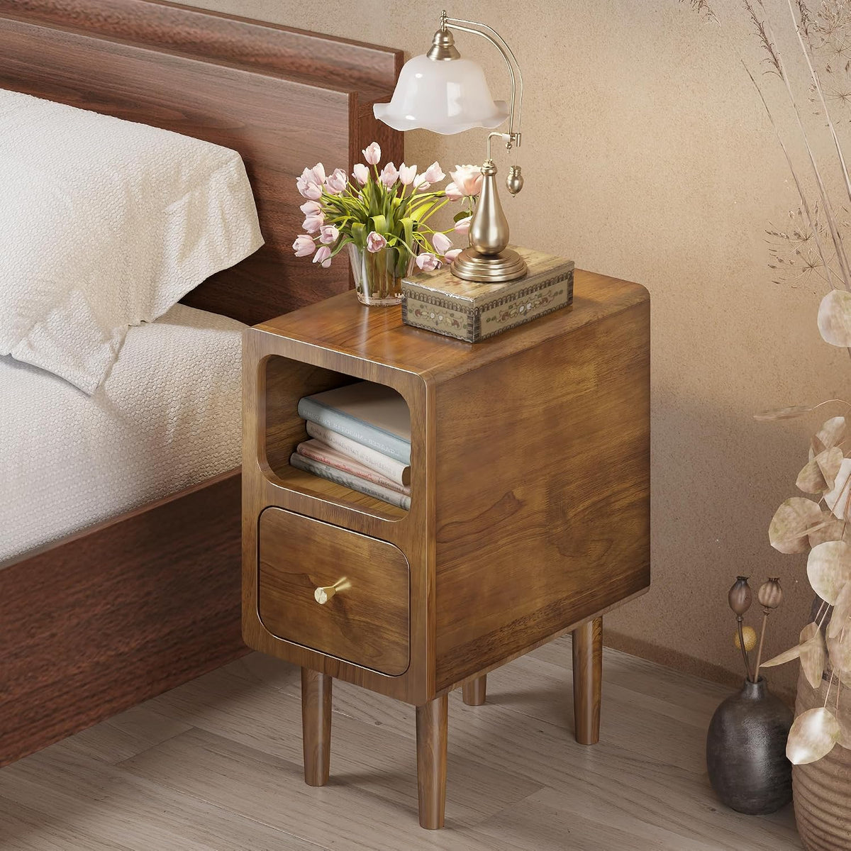 Narrow Nightstand, Solid Wood Night Stand with Drawers, Walnut Mid Century Modern Nightstand, Small Bedside Table with Open Storage Shelf for Bedroom (12 Inch)