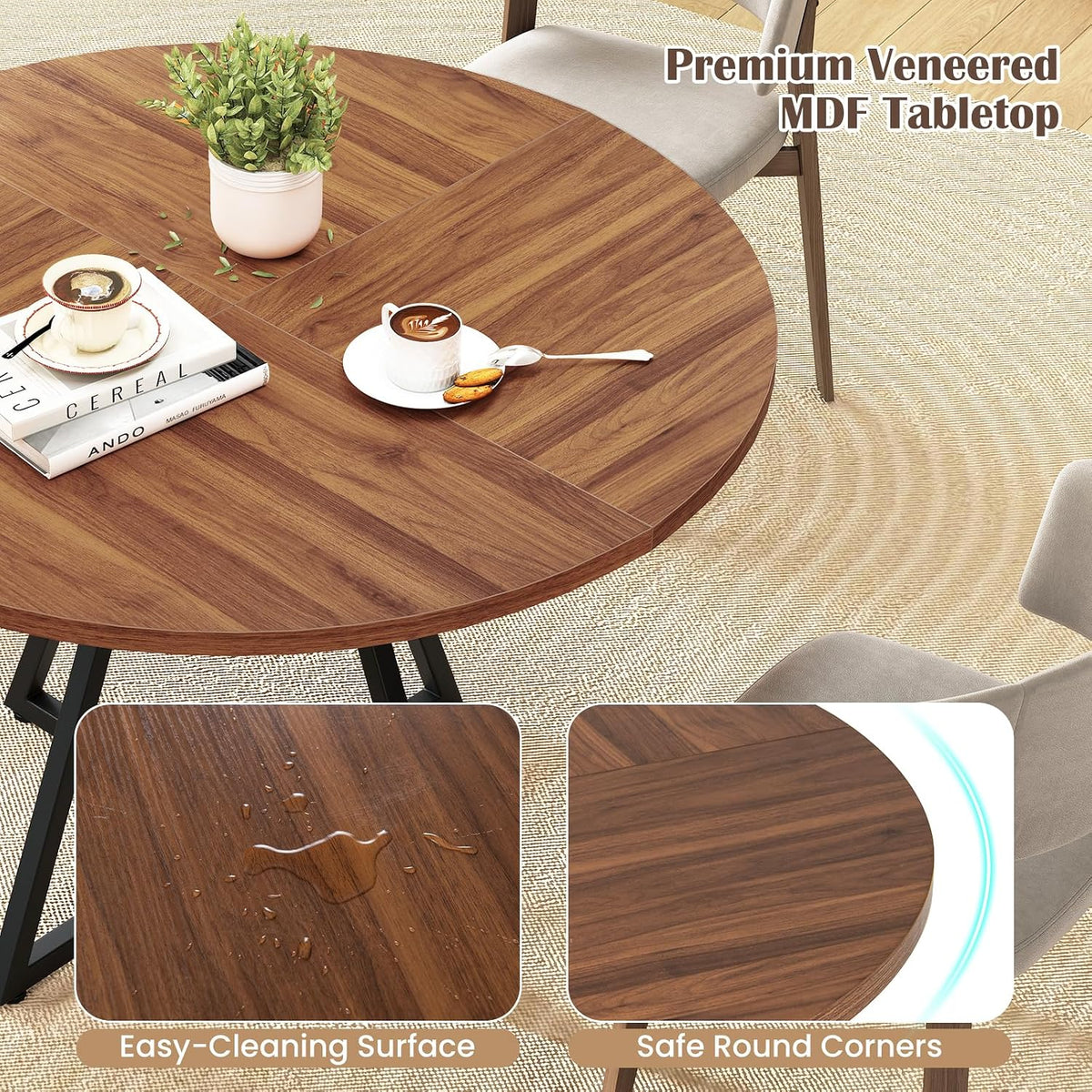 KOTEK 47 Inches Round Dining Table for 4, Farmhouse Kitchen Table with Storage Shelf, X-Shaped Metal Base, Adjustable Foot Pads, Circle Dinner Table for Dining Room, Living Room