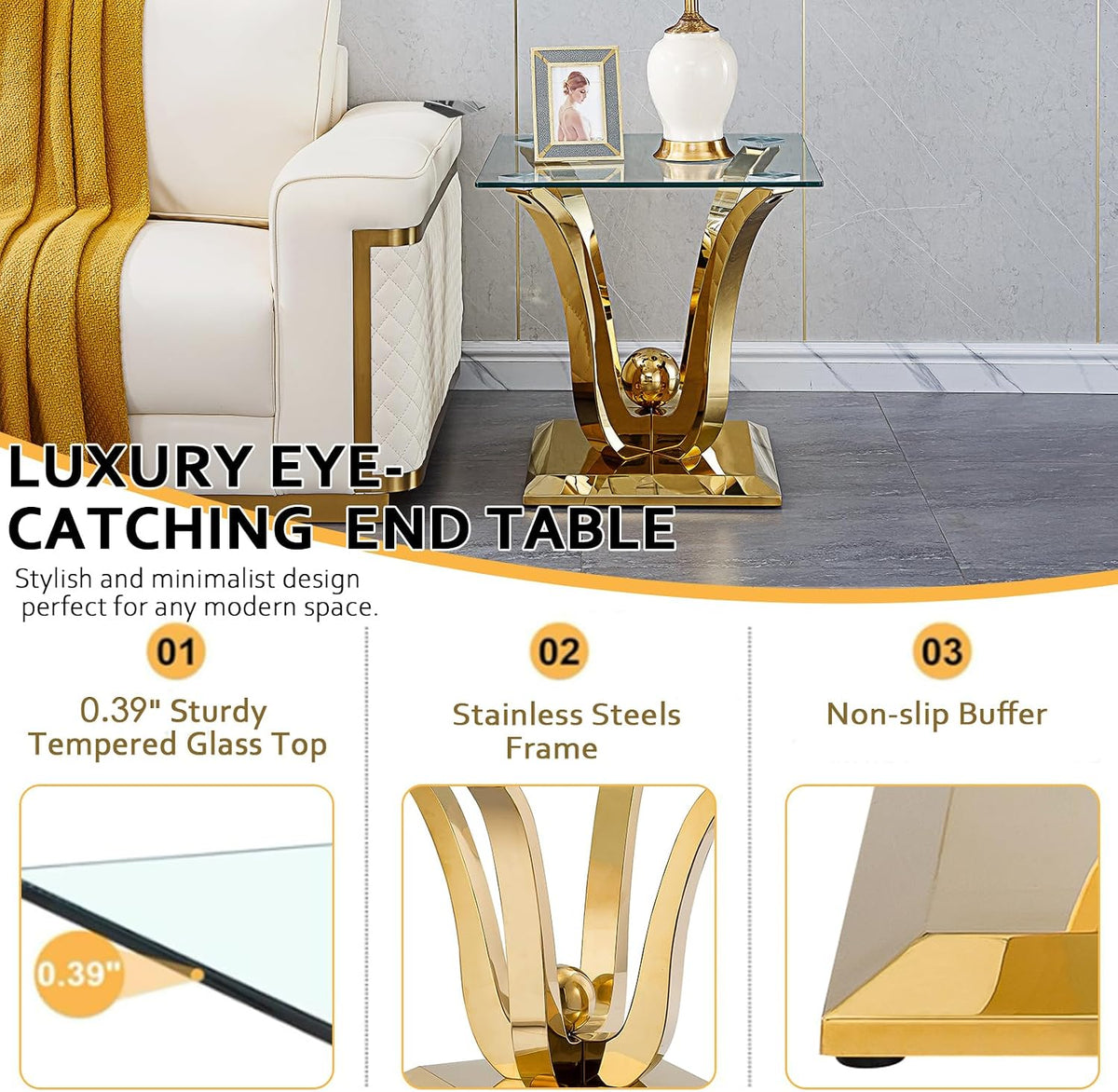 Modern Glass End Table Square Gold Living Room Table Sofa Side Table with 0.4" Tempered Glass Top & Geometric Stainless Steel Base,Luxury Clear Tempered Glass Small Bed Side Corner Table