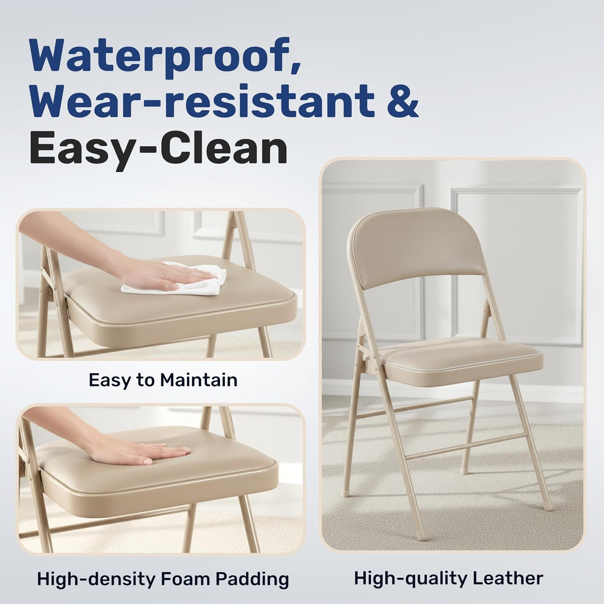 Simple Deluxe Dining Chairs Set of 4, Leather Cushion Foldable Contemporary Kitchen Side Chair with Padded Back & Sturdy Metal Legs, Upholstered Seat for Home/Living Room/Bedroom/Cafe, Tan