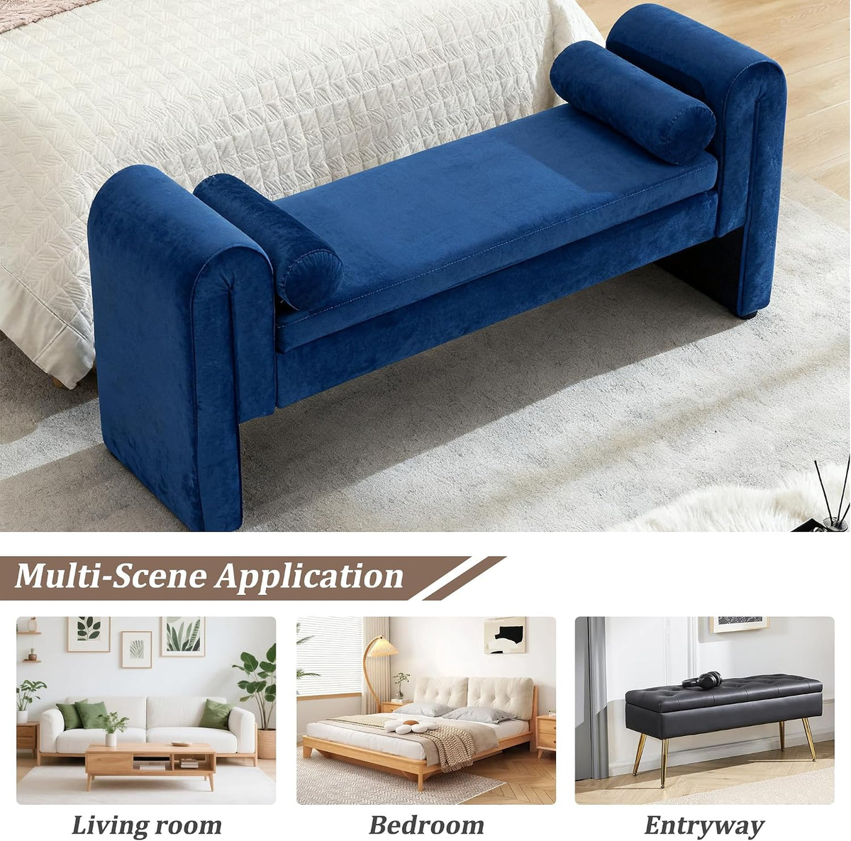 60.5" End of Bed Bench, Velvet Bedroom Bench,King Bed Bench,with 2 Pillows,Upholstered Bench,Suitable for End of Bed, Entryway Living Room,Bedroom. (Velvet Blue)