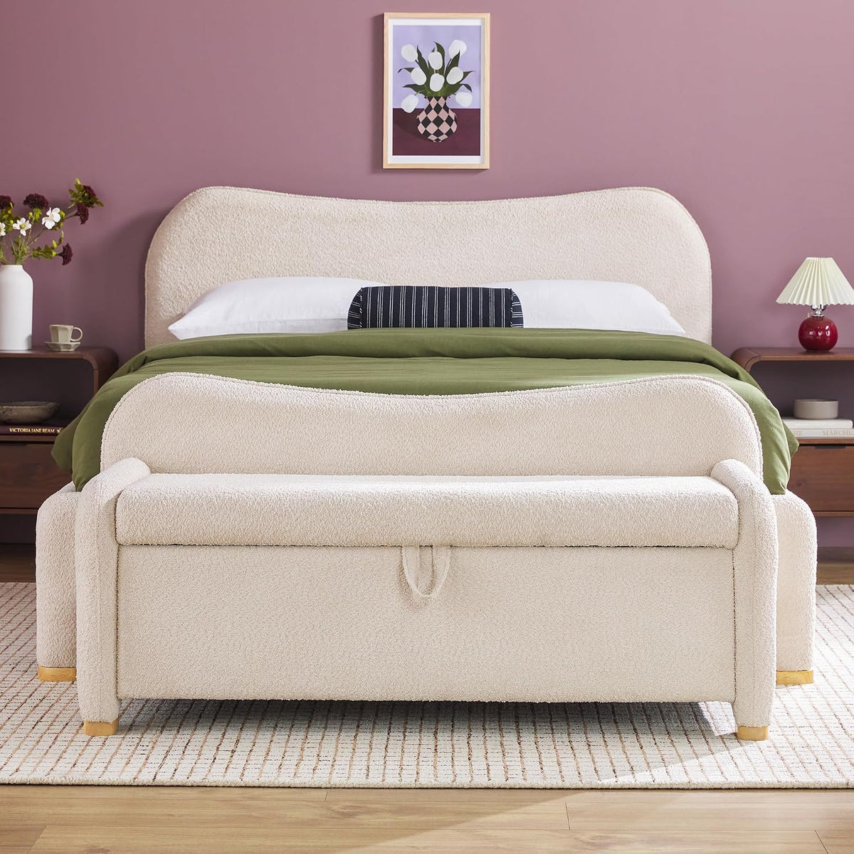 Walker Edison Chantelle Modern Contemporary Curved Upholstered Bench with Storage, 56 Inch, Ivory Bouclé