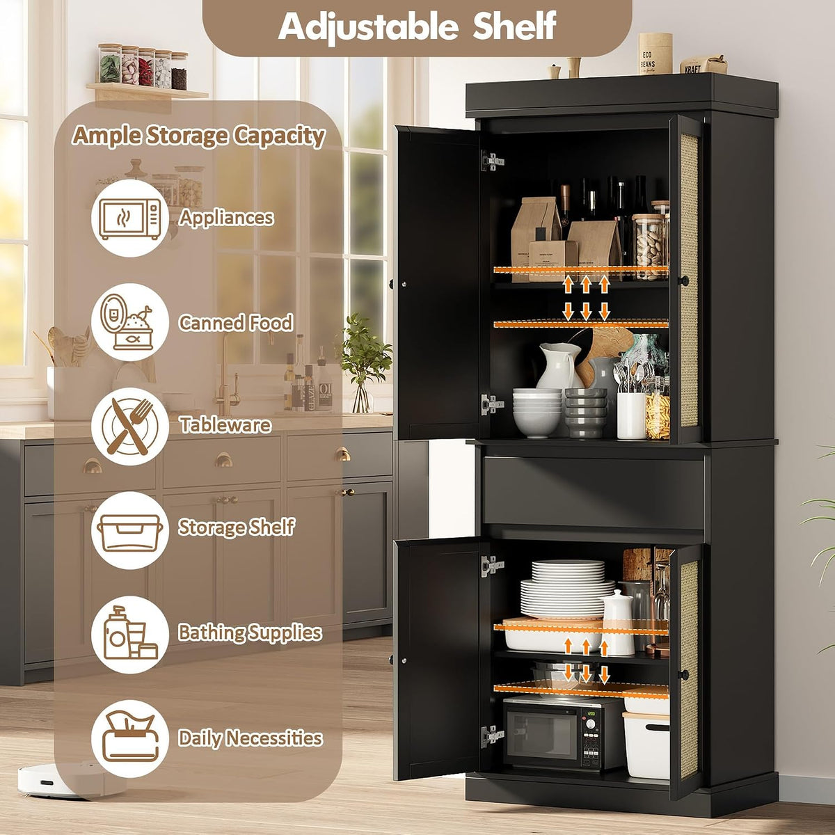 CABIHOME 35.43×16.54×9.45 Inch Entryway Storage Cabinet, MDF+PB+Iron with Rattan Doors & Adjustable Shelves, Freestanding Pantry for Living Room