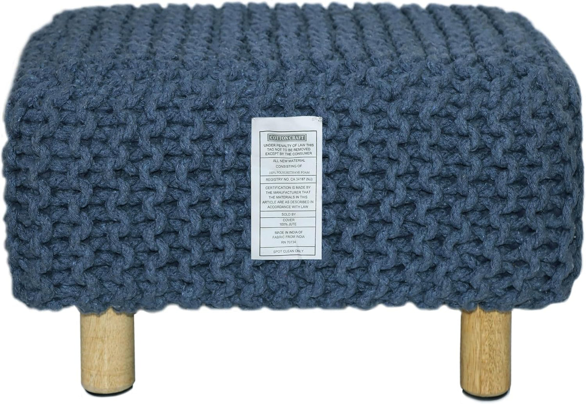 COTTON CRAFT Braided Footrest - Handknitted Dori Foot Stool with Sturdy Wood Legs – Handmade Boho Leg Rest - Small Spaces Under Desk Living Room Entryway Low Footstool Pouf - 16.5x12x9.5 - Blue