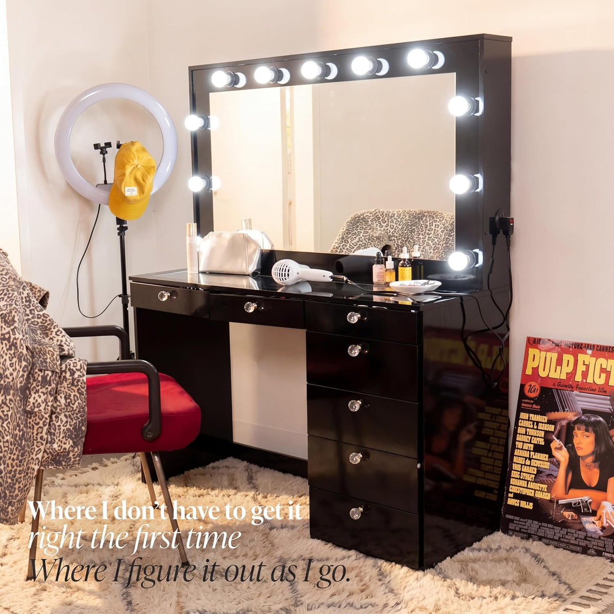 Boahaus Luna Vanity Desk with Framed Bulb Mirror – 7 Drawer Integrated Makeup Station