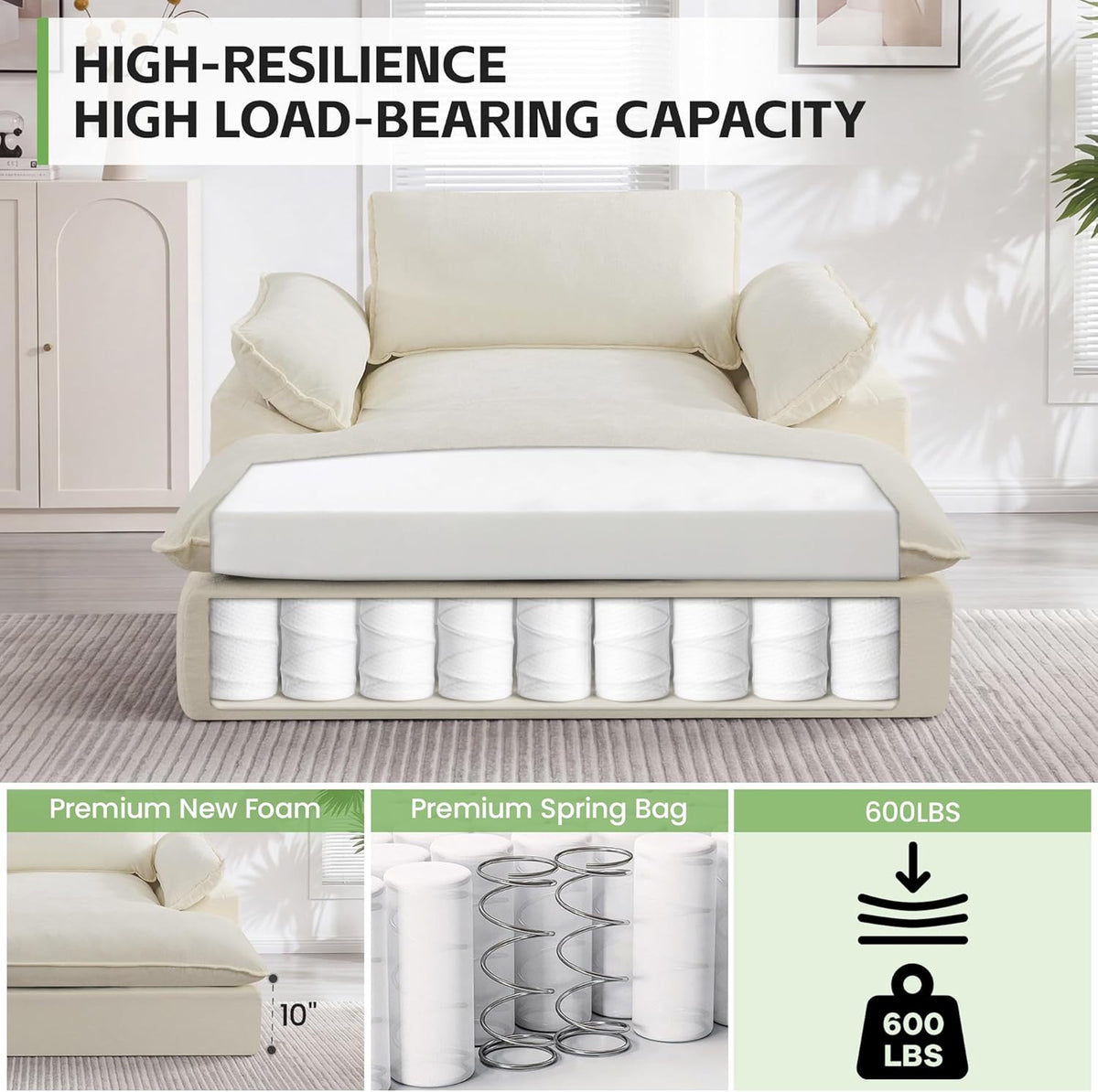 HUBSON 69" Oversized Chaise Lounge Chair Indoor, Comfy Deep Seat Sleeper Lounge Couch, Upholstered Chenille Cloud Chairs for Living Room, Bedroom, Apartment, No Assembly Required, Beige