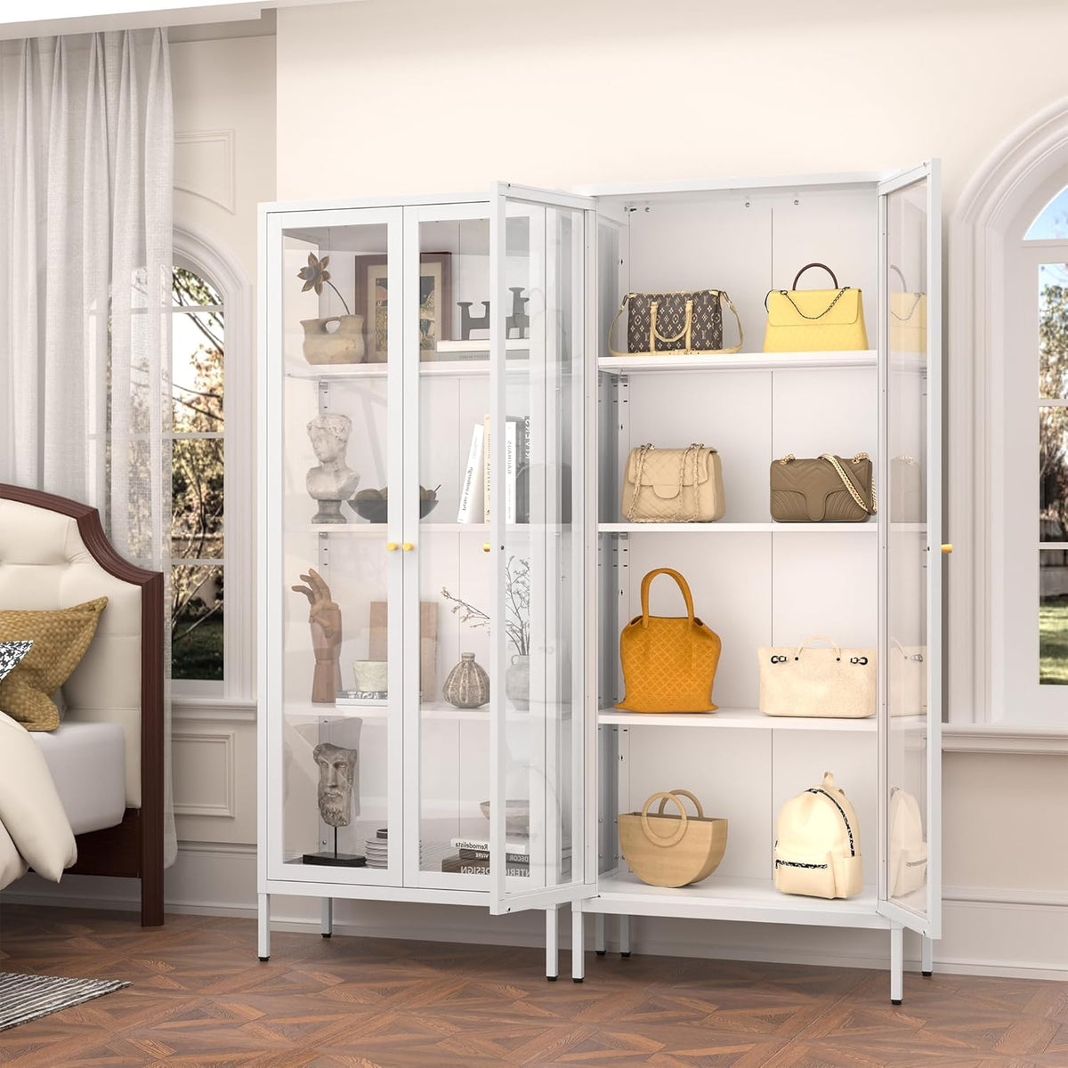 Polup Glass Display Cabinet with Glass Doors, White Curio Cabinet with 3 Side Tempered Glass, 66" Tall Bookcase Display Case for Collectibles, Metal Storage Cabinet for Living Room, Assemble Required