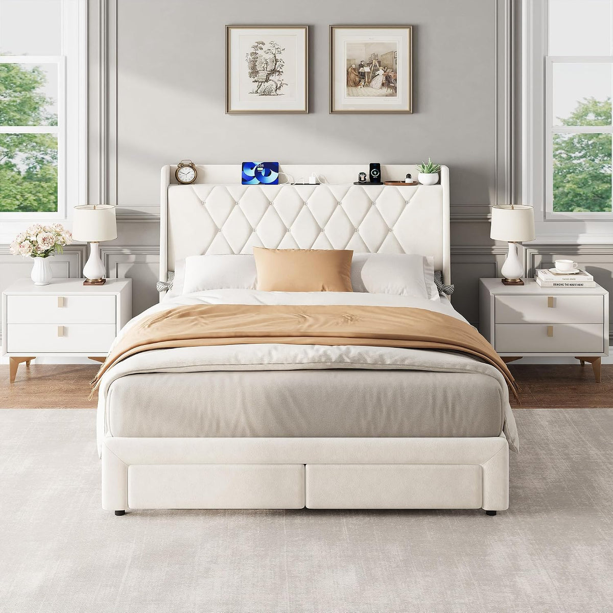 Garvee Full Size Bed Frame with Storage, Velvet Upholstered Platform Bed Frame with Crystal Tufted Headboard, Charging Station, 2 Drawers, No Box Spring Needed, Noise-Free,for Bedroom, Ivory