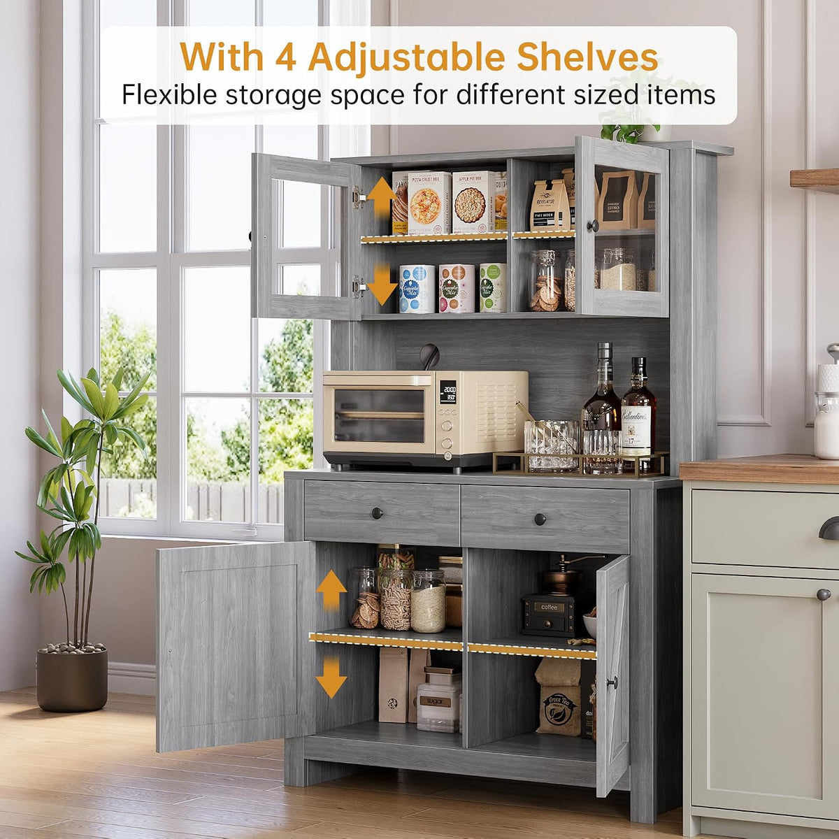 GarveeHome Farmhouse Pantry Cabinet, Kitchen Pantry Storage Cabinet with Microwave Stand, Rustic Buffet Sideboard with Sliding Door, Freestanding Cupboard with Shelves for Dining Room, Dark Grey