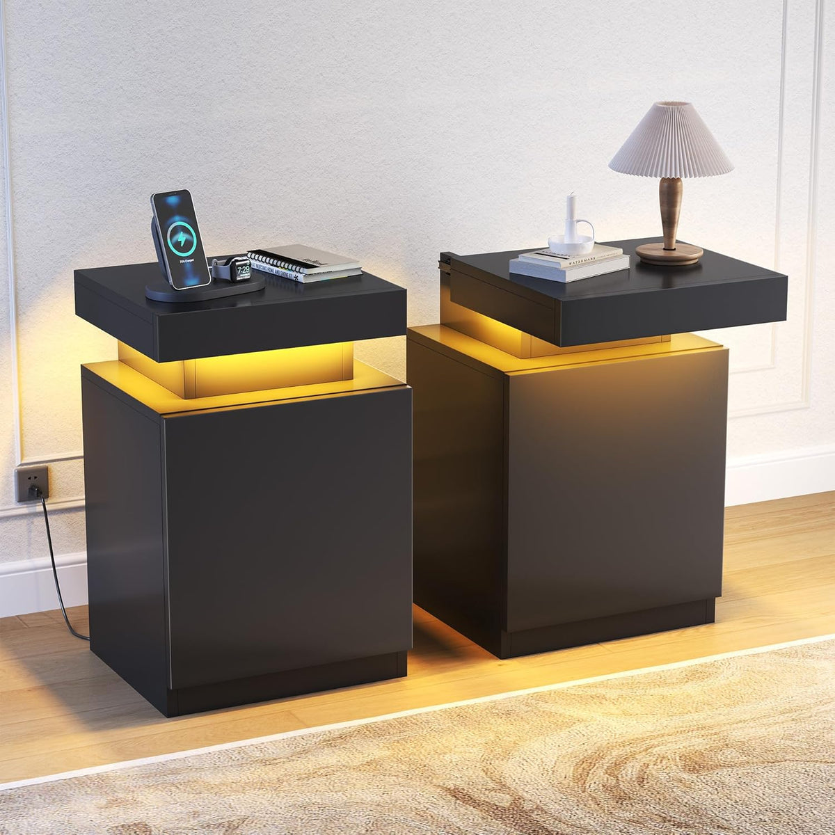 MXV Nightstand with LED Lights & Charging Station, Black Bedside Tables with USB Ports, Storage Cabinet & Drawers for Bedroom, Modern End Tables for Living Room(24 in Tall)