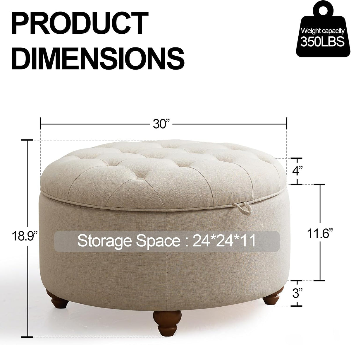 30'' Round Ottoman Coffee Table with Storage, Upholstered Tufted Ottoman with Flip Tray, Solid Wood Legs for Living Room, Bedroom, Khaki