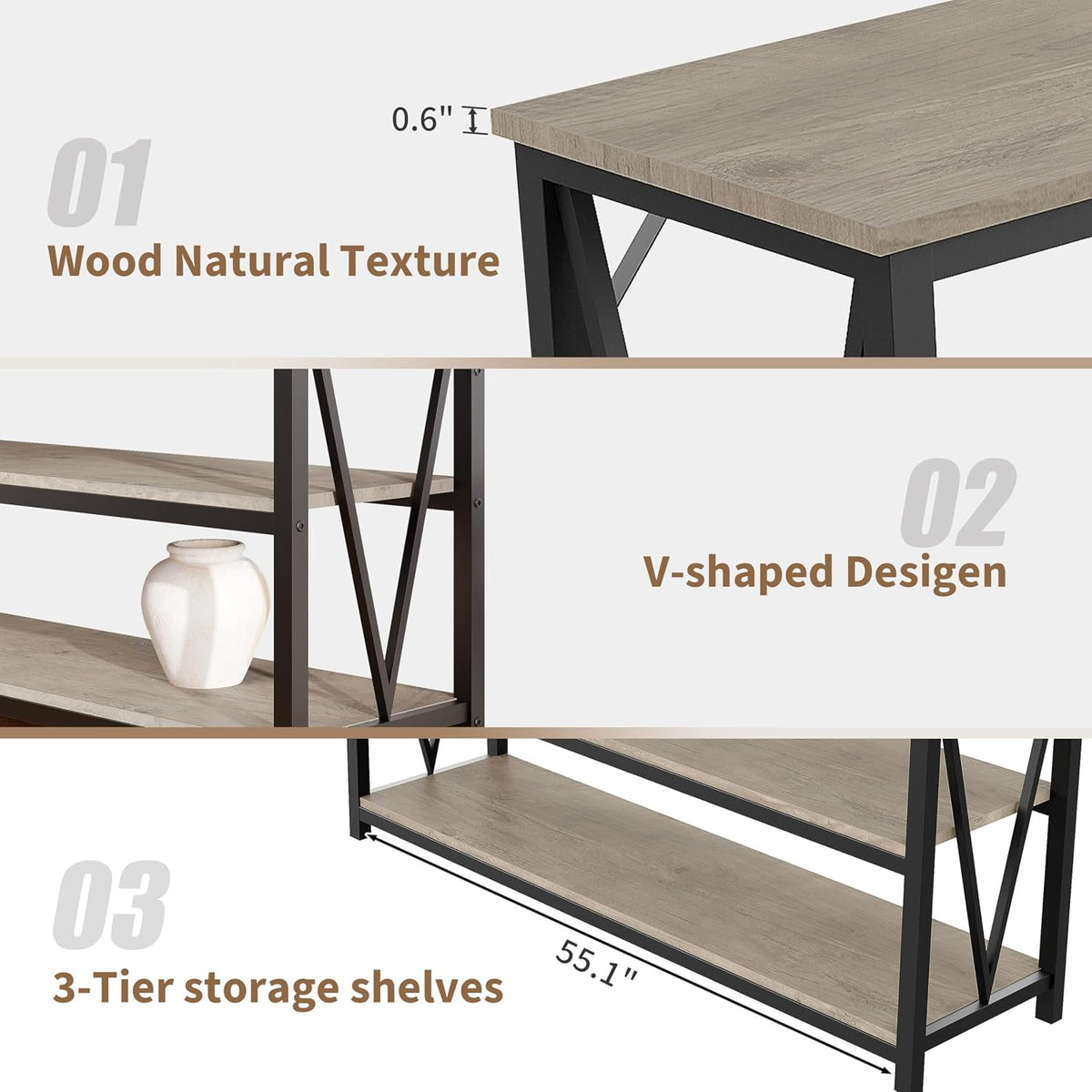IDEALHOUSE Industrial Entryway Table, 47 in Narrow Long Console Table with Storage, 3 Tier Wood Console Table for Living Room, Farmhouse Sofa Tables Behind Couch, Hallway Table for Foyer-Grey