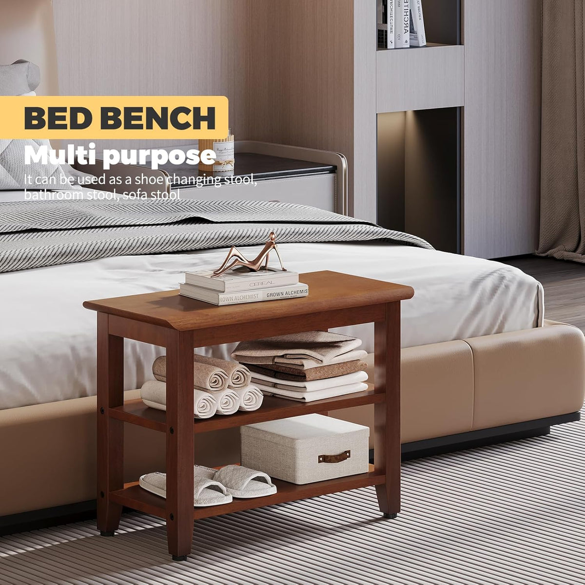 Wood Shoe Bench for Entryway,Bench with Shoe Rack,Storage Shoe Organizer for Hallway,Living Room,Bedroom (Brown, 23.62''W×11.81‘’D×17.71‘’H)