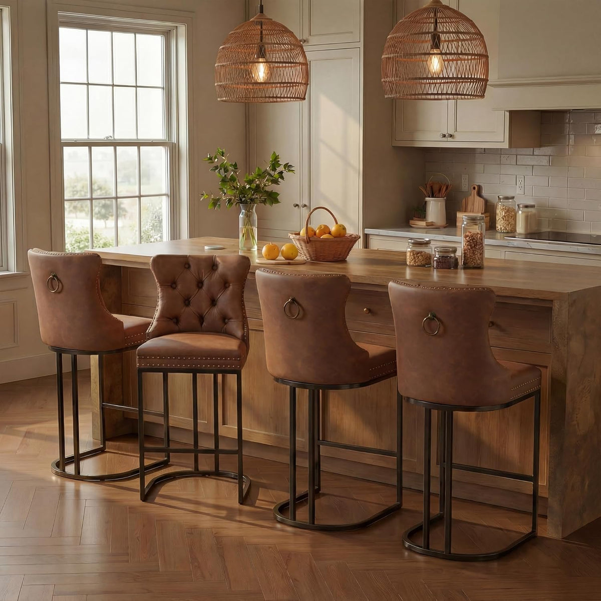 AQO Counter Height Bar Stools Set of 4 for Kitchen Island, Modern Bar Stools with Backs, 26 Inch Barstools with Upholstered Faux Leather Seat and Footrest, Brown