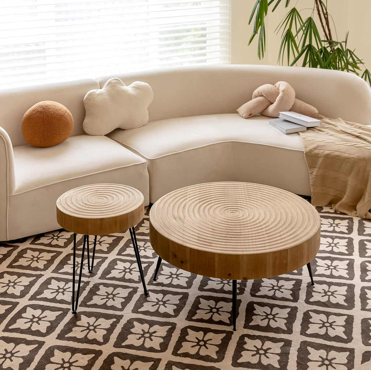 2-Piece Boho Farmhouse Nesting Table with Handcrafted Wood Ring Motif, Round Natural Finish Coffee Table Set for Living Room, French Country Decor, Round