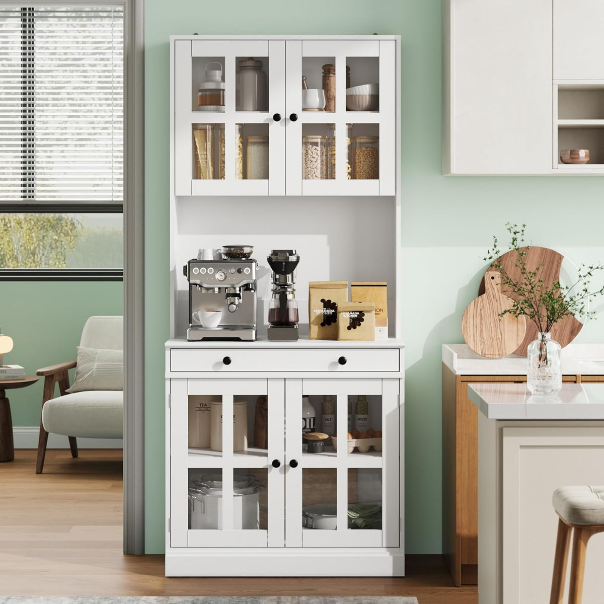Garvee 72 Inch Kitchen Pantry Cabinet with Glass Doors, Drawer and Adjustable Shelves, Farmhouse Tall Storage Cabinet with Open Countertop, Coffee Bar Cabinet for Coffee Corner, White | Adjustable Shelves, Open Countertop, Perfect as Coffee Bar Cabinet