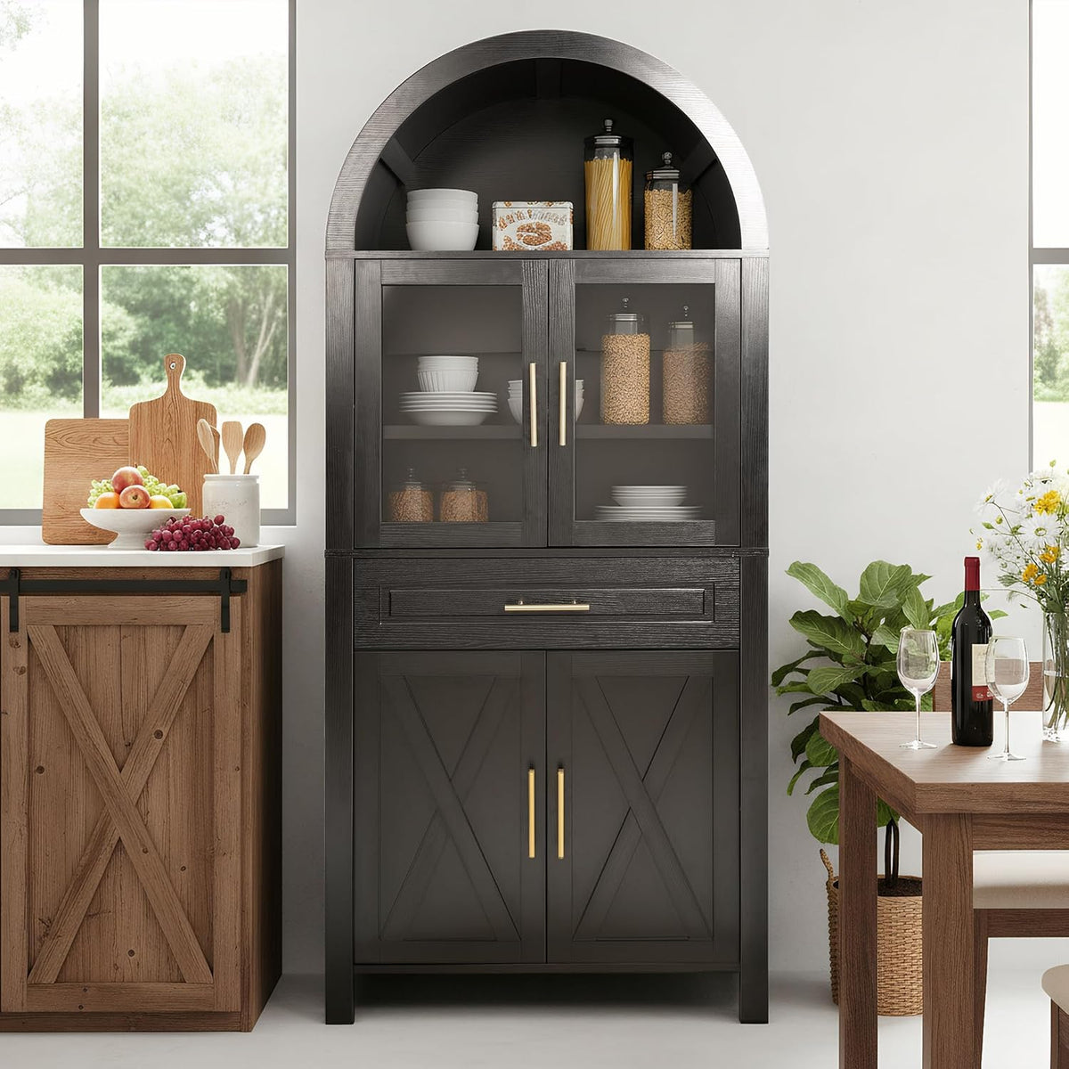 71" Tall Arched Kitchen Pantry with Glass Door, Farmhouse Storage Cabinet with Adjustable Shelves & Barn Door for Kitchen, Living Room, Dining Room, Black