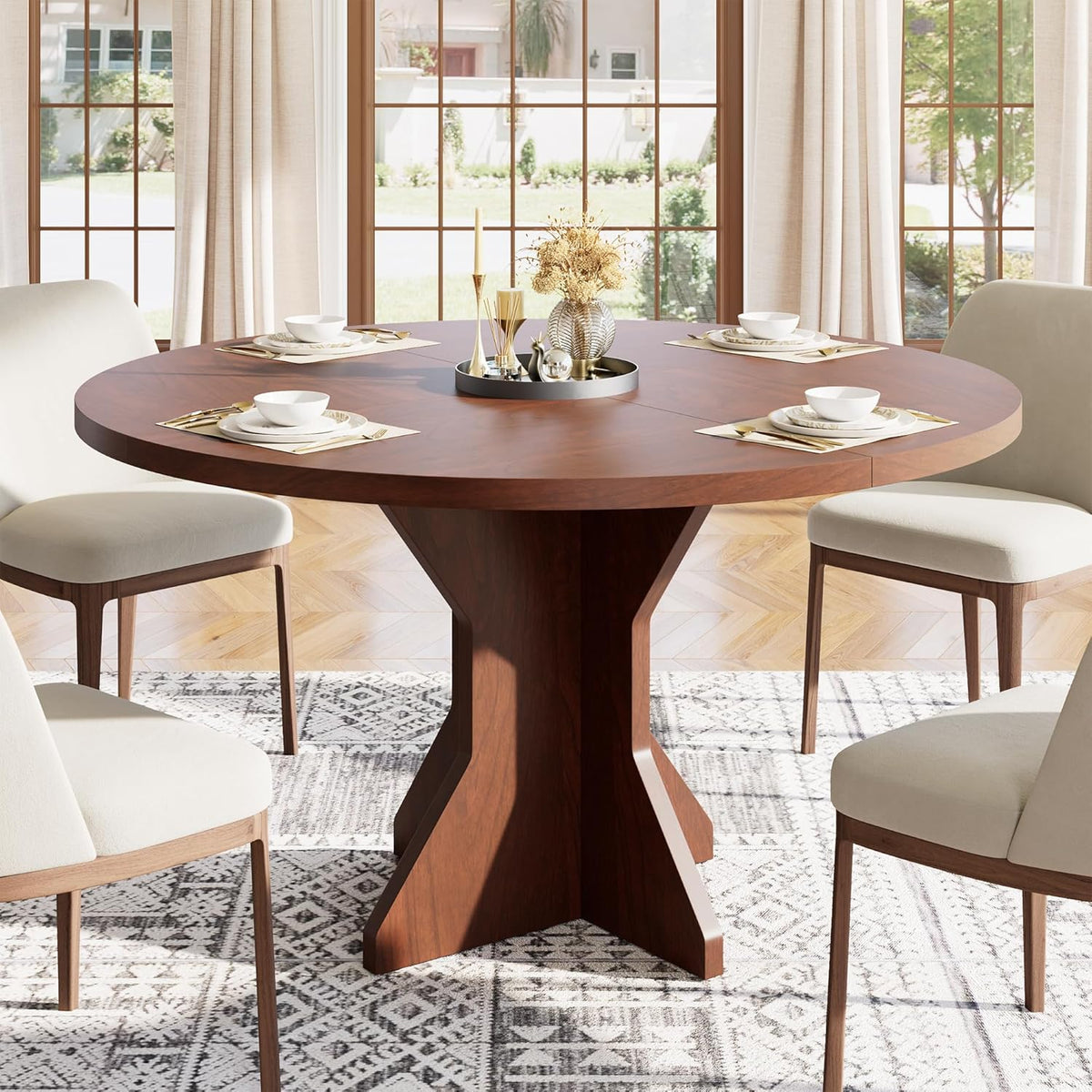 IDEALHOUSE Round Dining Table, 47" Kitchen Table for 4-6 People, Circle Tables with Sturdy Pedestal Base, Space Saving Dinning Room Furniture for Living Room, Kitchen, Apartment, Walnut