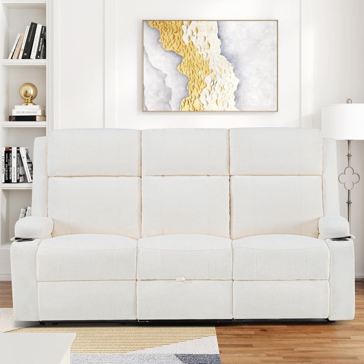 75'' Manual Reclining Sofa with Storage Drawer, 3 Seat Wall Hugger Recliner Couch with Cup Holders, Side Pockets, Chenille Fabric, Compact 3-Person Recliner for RV, Living Room, Apartment (Beige)