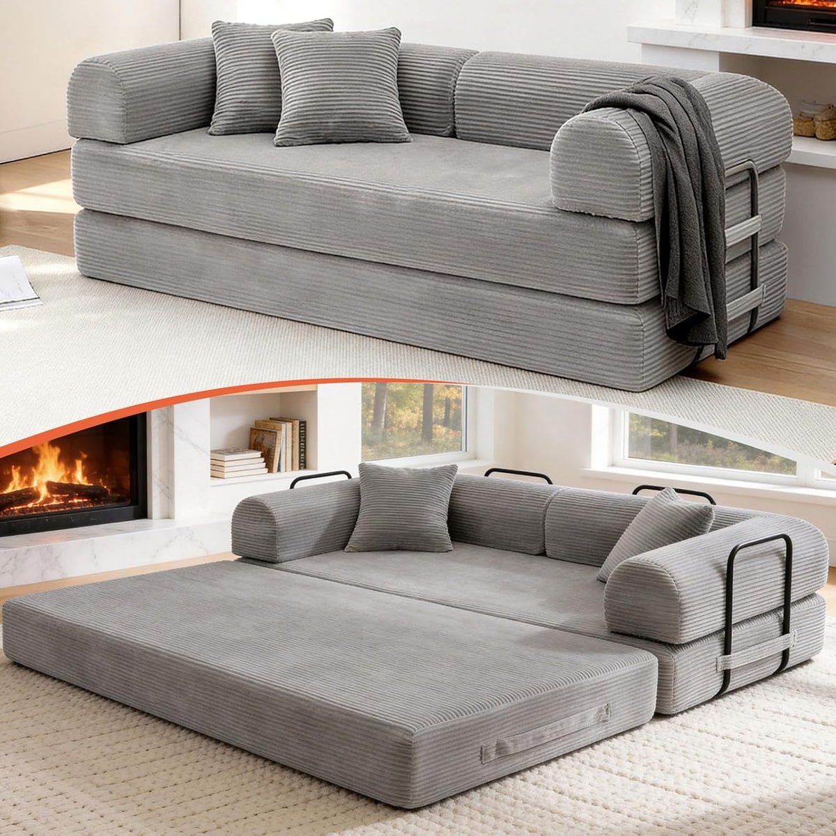 79'' Convertible Sofa Bed, Couch-in-a-Box, Corduroy Floor Futon Loveseat Sleeper, 26'' Deep Seat, Removable Machine-Wash Covers, No Assembly, 2 Pillows, Light Grey