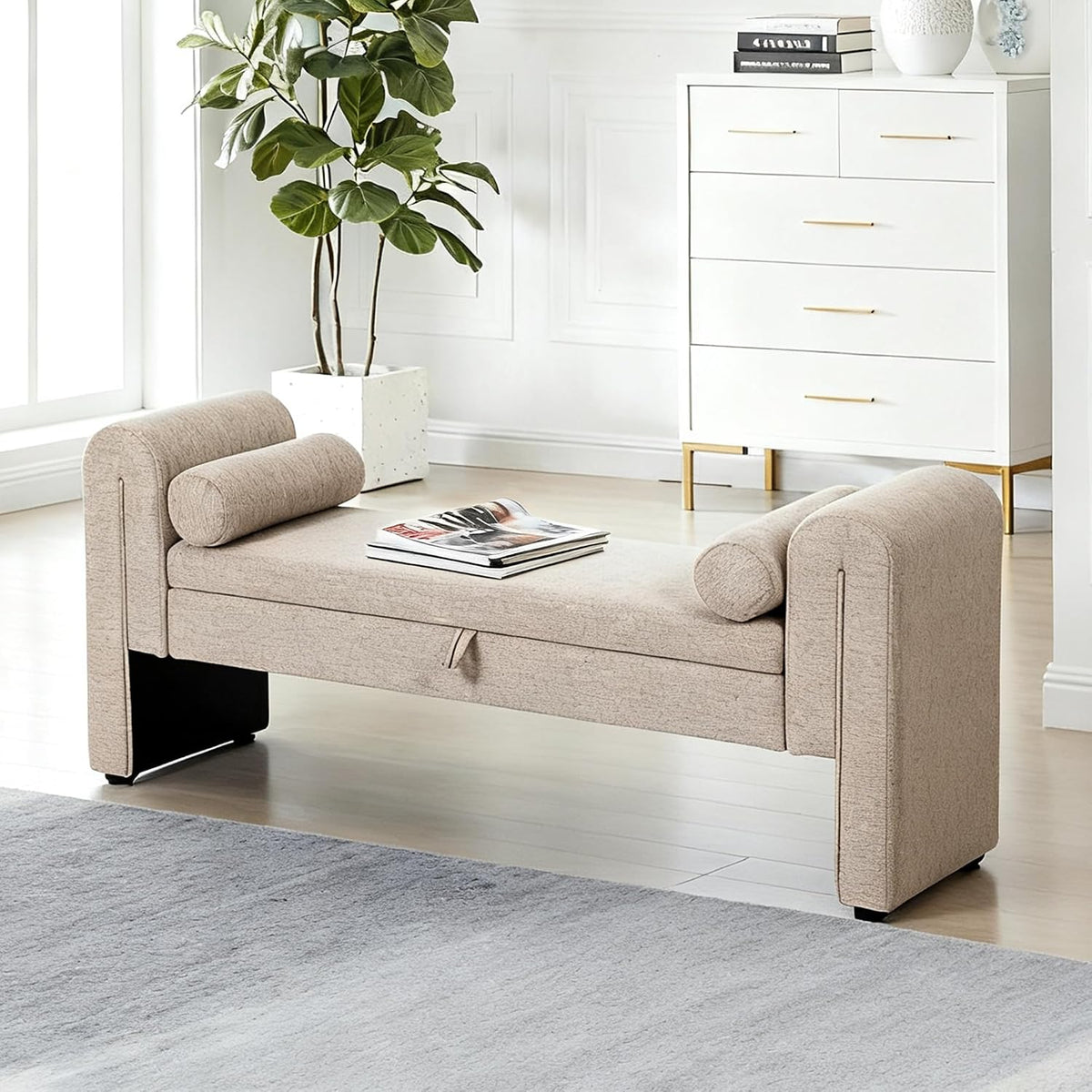 60.5" End of Bed Bench, Velvet Bedroom Bench,King Bed Bench,with 2 Pillows,Upholstered Bench,Suitable for End of Bed, Entryway Living Room,Bedroom. (Linen Apricot)