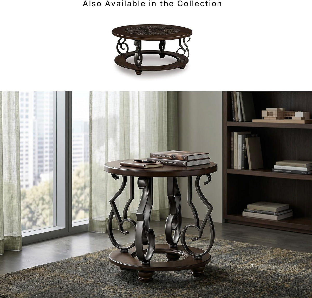 Signature Design by Ashley Frallyn Classic End Table with Curved Metal Supports, Dark Brown & Gray