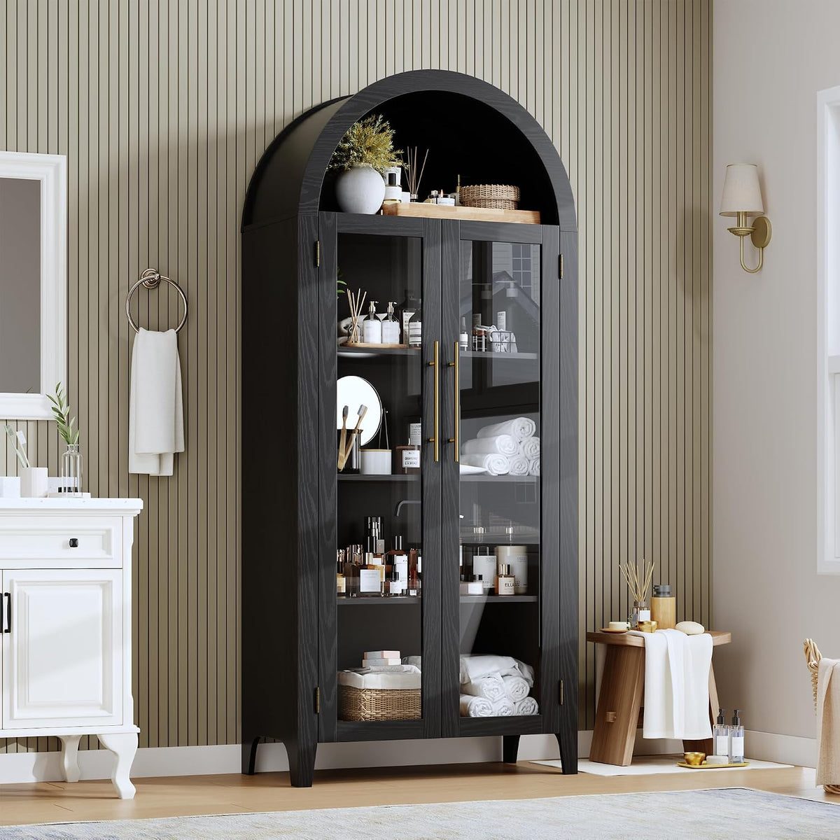 IDEALHOUSE Arched Kitchen Pantry Cabinet with Glass Doors, 5-Tier Farmhouse Display Cabinet with Adjustable Shelves, Versatile Storage Cupboard Organizer for Bathroom, Dining Room, Living Room, Black