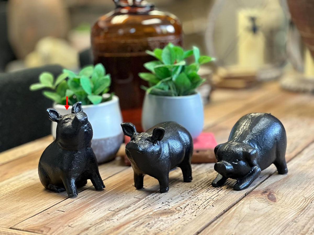 NACH Cast Iron Pig Statue - Sitting Pig, Rustic Garden Sculpture, Black Door Stop/Paperweight, JS-90-7151