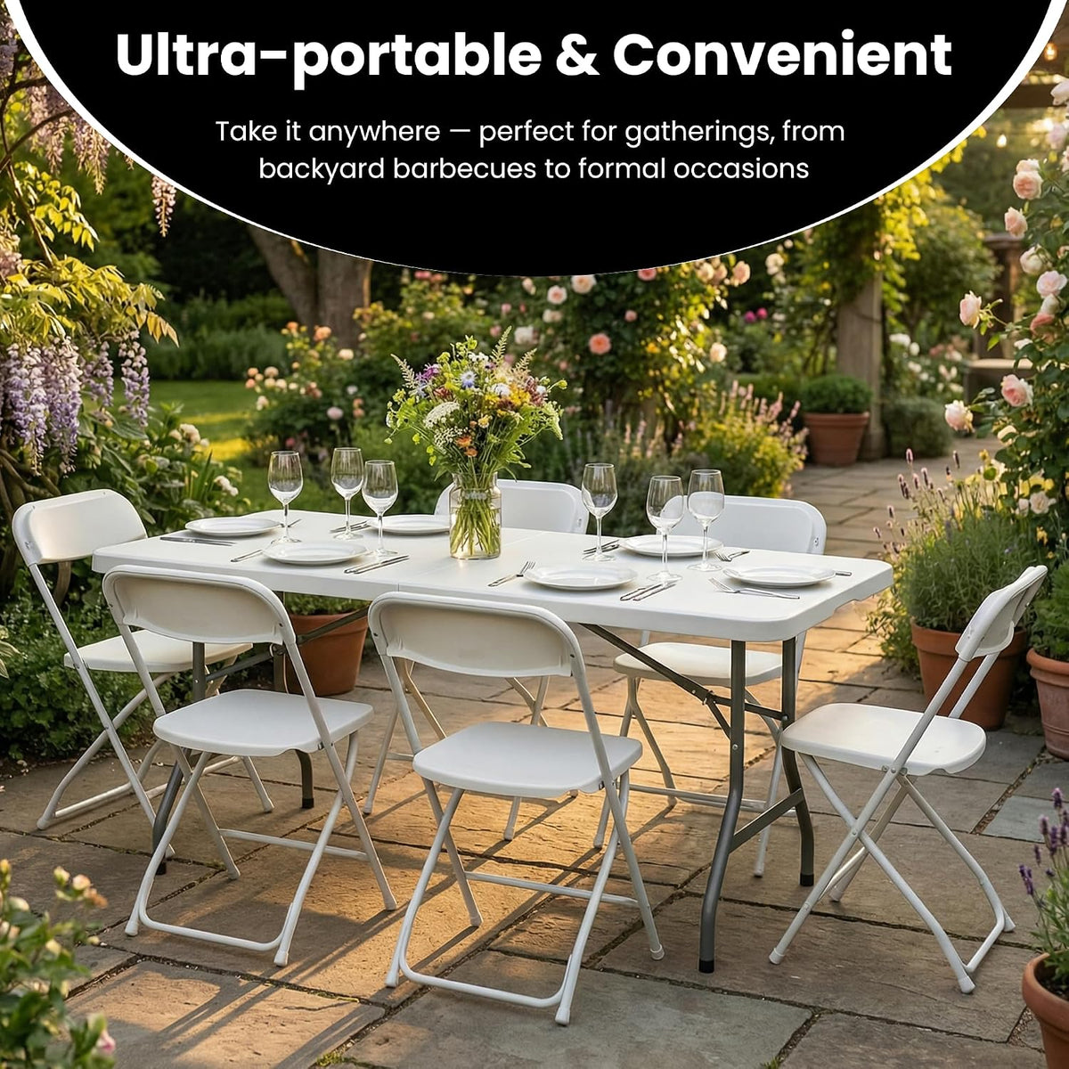 5 Pack of 6 Foot Foldable Table with Built in Handle & Steel Legs | 6FT Portable Heavy Duty Plastic Folding Tables for Party, Dining, Wedding, Events, Picnic, Indoor & Outdoor, Camping, Utility