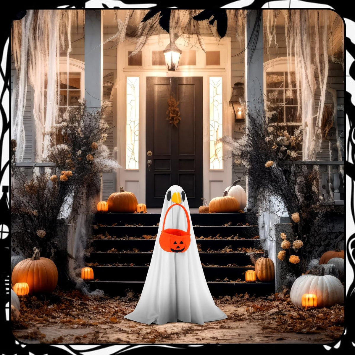 Abbylike Halloween Porch Goose Outfit Ghost Goose Outfit Fall Halloween Geese Costume Clothes with Pumpkin Bag for 23'' Cement Plastic Duck Yard Lawn Statue Decorations