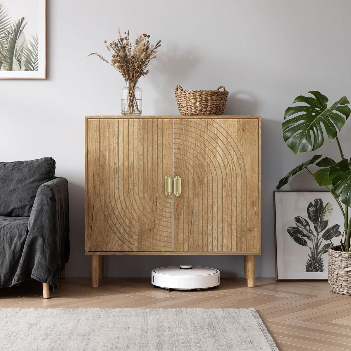 Smuxee Oak Sideboard Cabinet, Freestanding Buffet Cabinet with Line Groove Design, Wood Storage Cabinet with Adjustable Shelf for Living Room, Entryway, Hallway