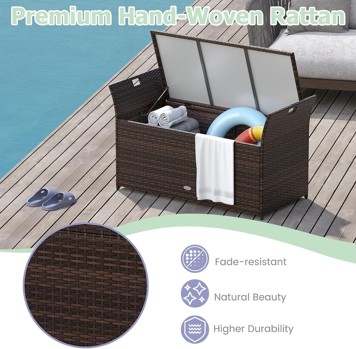 RELAX4LIFE Wicker Outdoor Storage Bench - 68 Gallon Rattan Deck Box w/Side Handles & Soft Cushion for Pillows, Garden Tools, Pool Accessories, Sports Equipment, Patio Bench with Storage for Porch